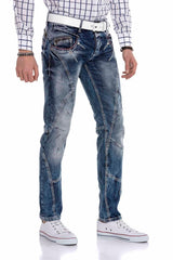 CD563 Men's comfortable jeans with trendy decorative stitching