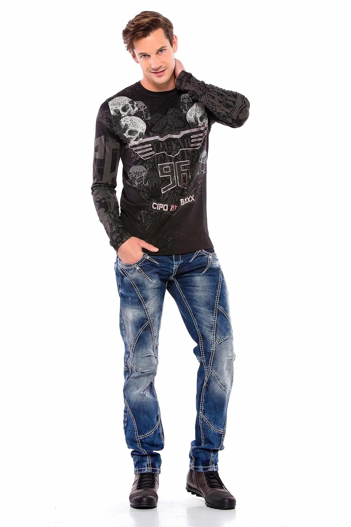 CD563 Men's comfortable jeans with trendy decorative stitching