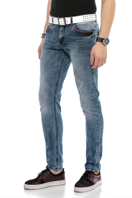 CD569 Men's Jeans Slim Fit Stonewashed Casual Look with thick seams