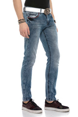 CD569 Men's Jeans Slim Fit Stonewashed Casual Look with thick seams
