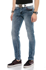 CD569 Men's Jeans Slim Fit Stonewashed Casual Look with thick seams