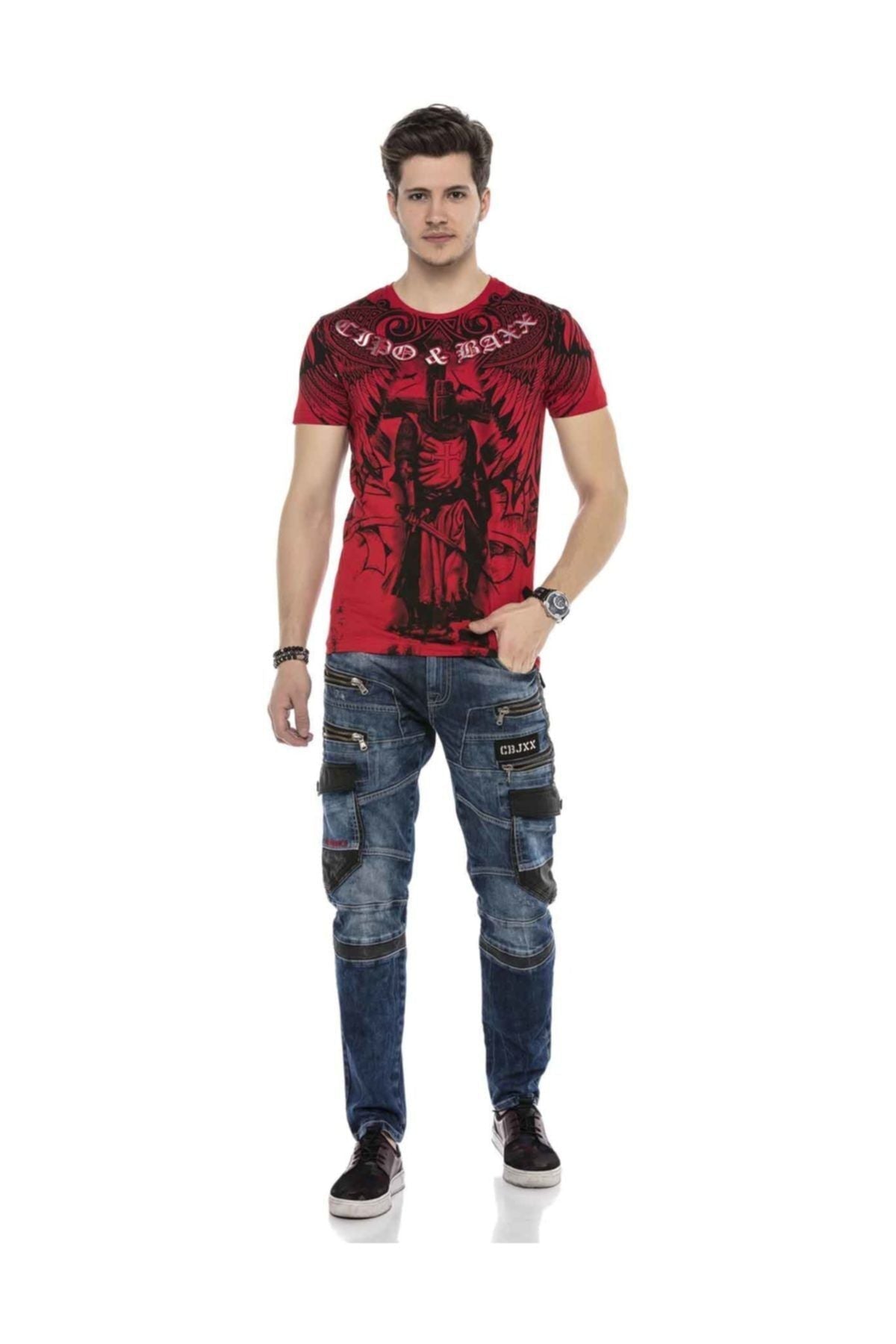 CD586 Men's comfortable jeans with eye-catching appliqués