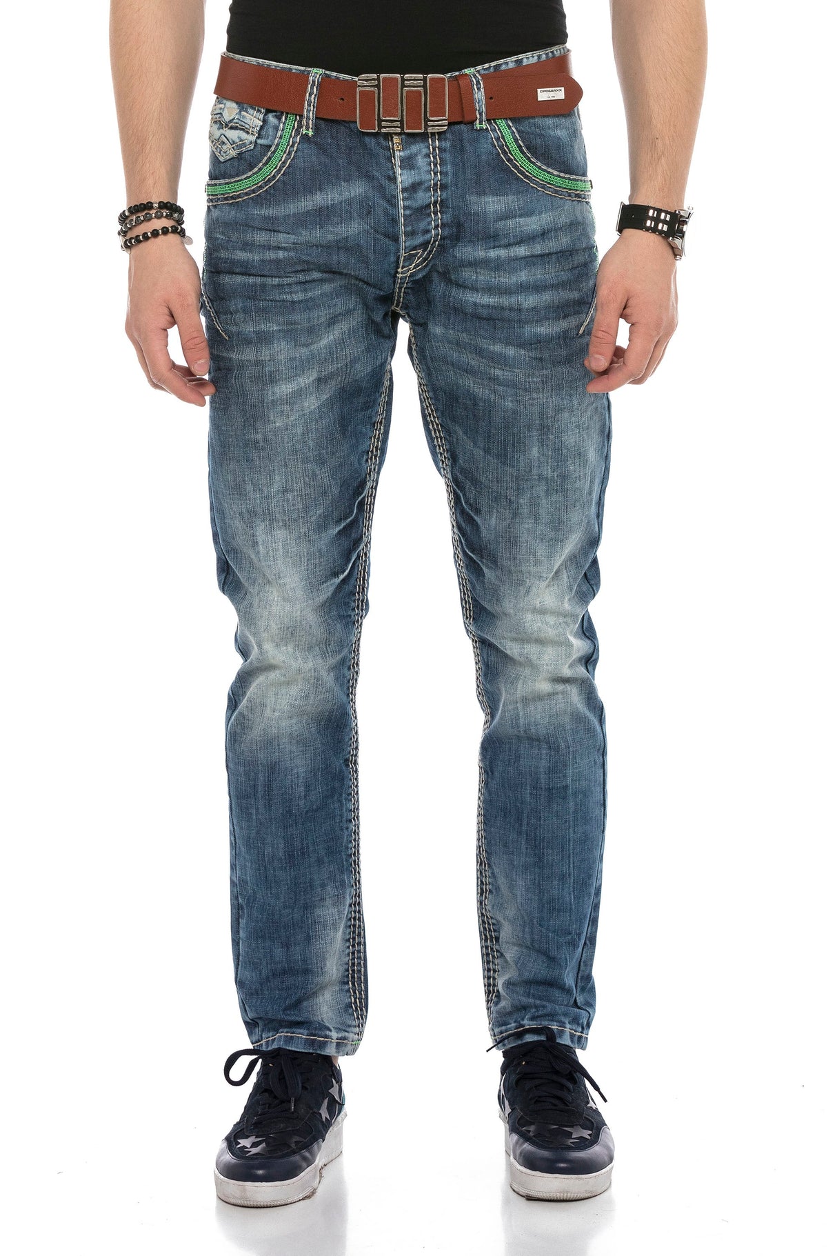 CD597 Men's comfortable jeans with striking decorative stitching