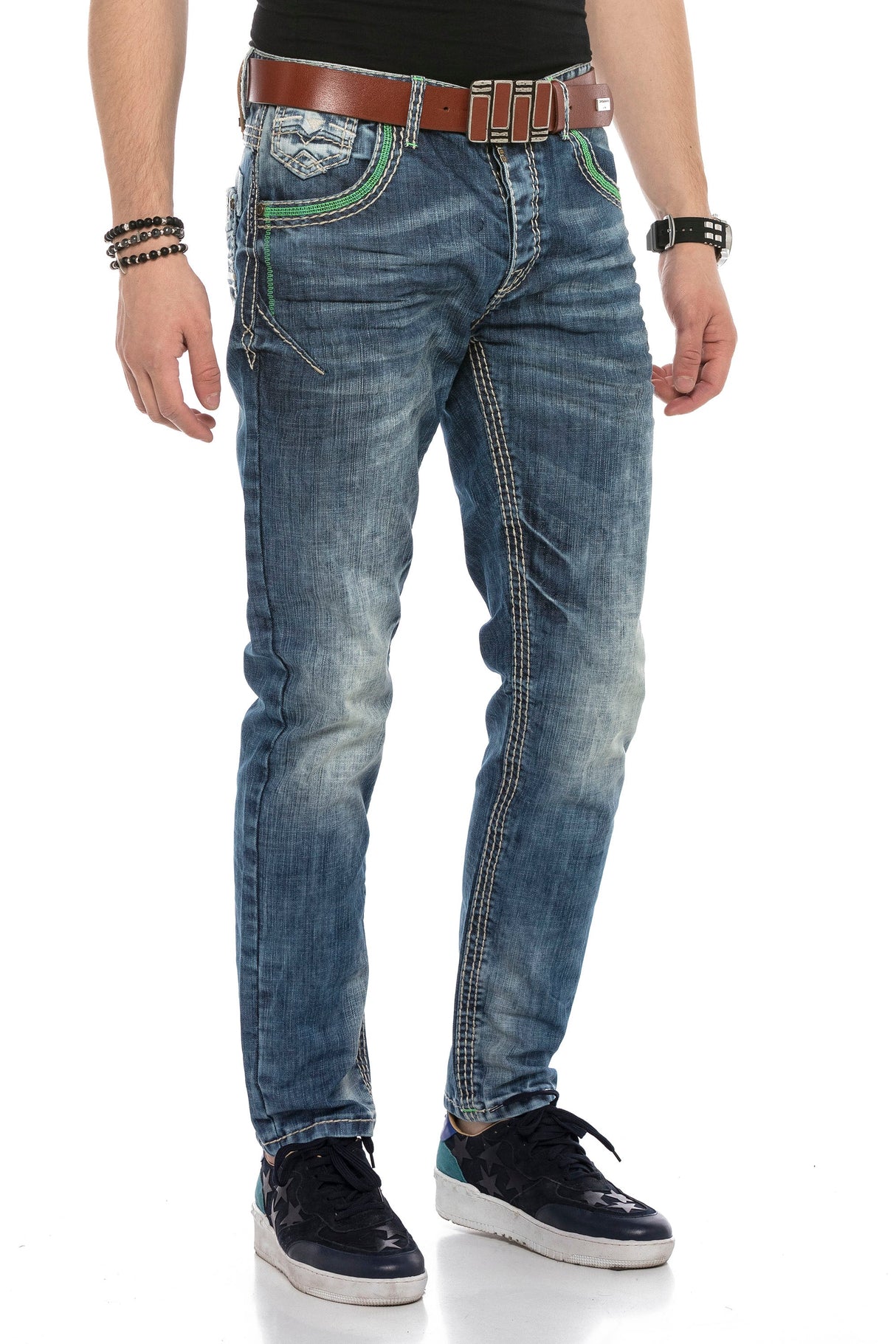 CD597 Men's comfortable jeans with striking decorative stitching