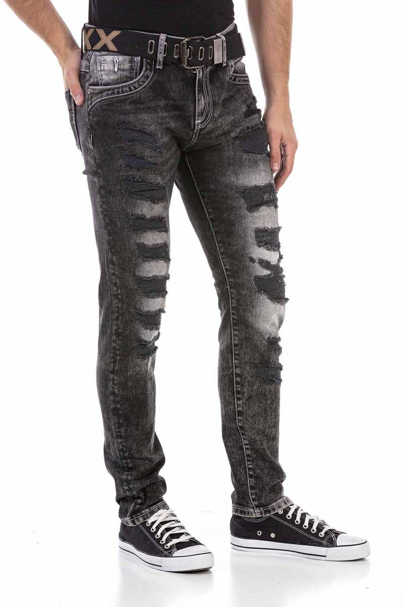 CD713 Men's straight fit jeans in a destroyed look with belt