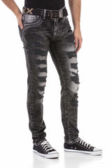 CD713 Men's straight fit jeans in a destroyed look with belt