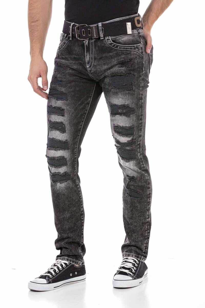 CD713 Men's straight fit jeans in a destroyed look with belt