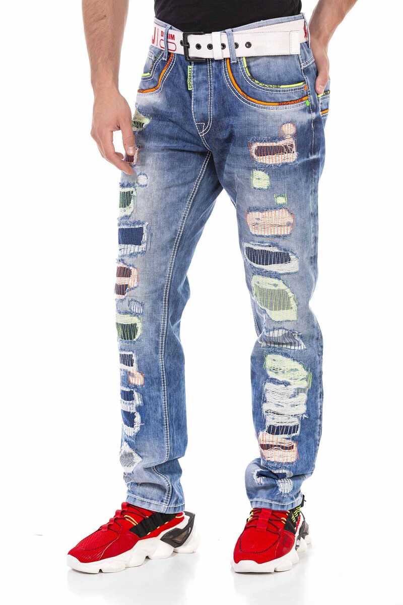 CD720 Men's Straight Jeans with Colourful Destroyed Details