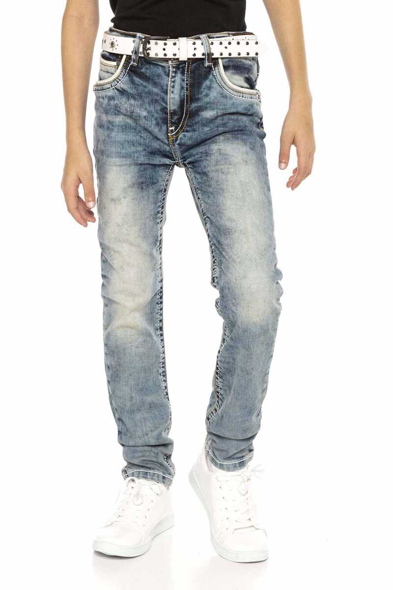 CDK101 Boys' Jeans – Regular Fit in Blue with Used Wash & Contrast Stitching | Durable Denim Trousers for School & Leisure