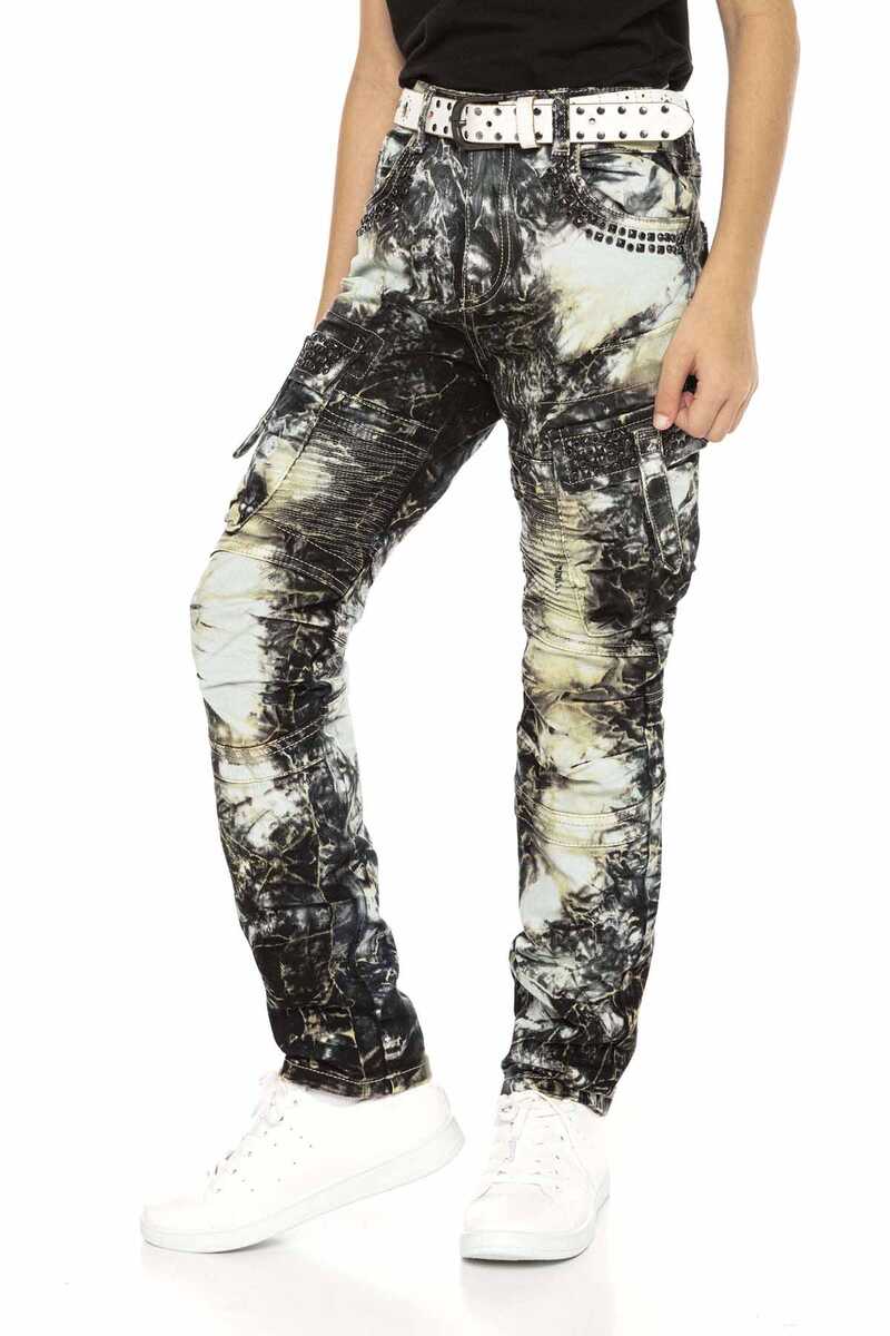 CDK105 Boys' Jeans – Regular Fit in Khaki with Bleach Effect & Multicolor Design | Creative Streetwear for Stylish Kids