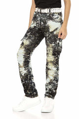CDK105 Boys' Jeans – Regular Fit in Khaki with Bleach Effect & Multicolor Design | Creative Streetwear for Stylish Kids