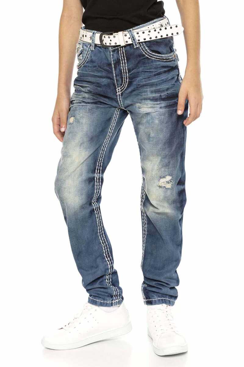 CDK108 Boys' Jeans – Regular Fit in Blue with Used Look & Contrast Stitching | Stylish Kids' Jeans with Ripped Details