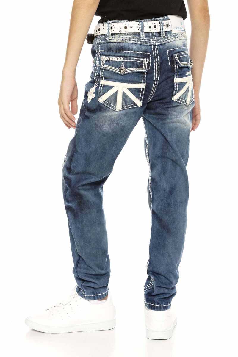 CDK108 Boys' Jeans – Regular Fit in Blue with Used Look & Contrast Stitching | Stylish Kids' Jeans with Ripped Details