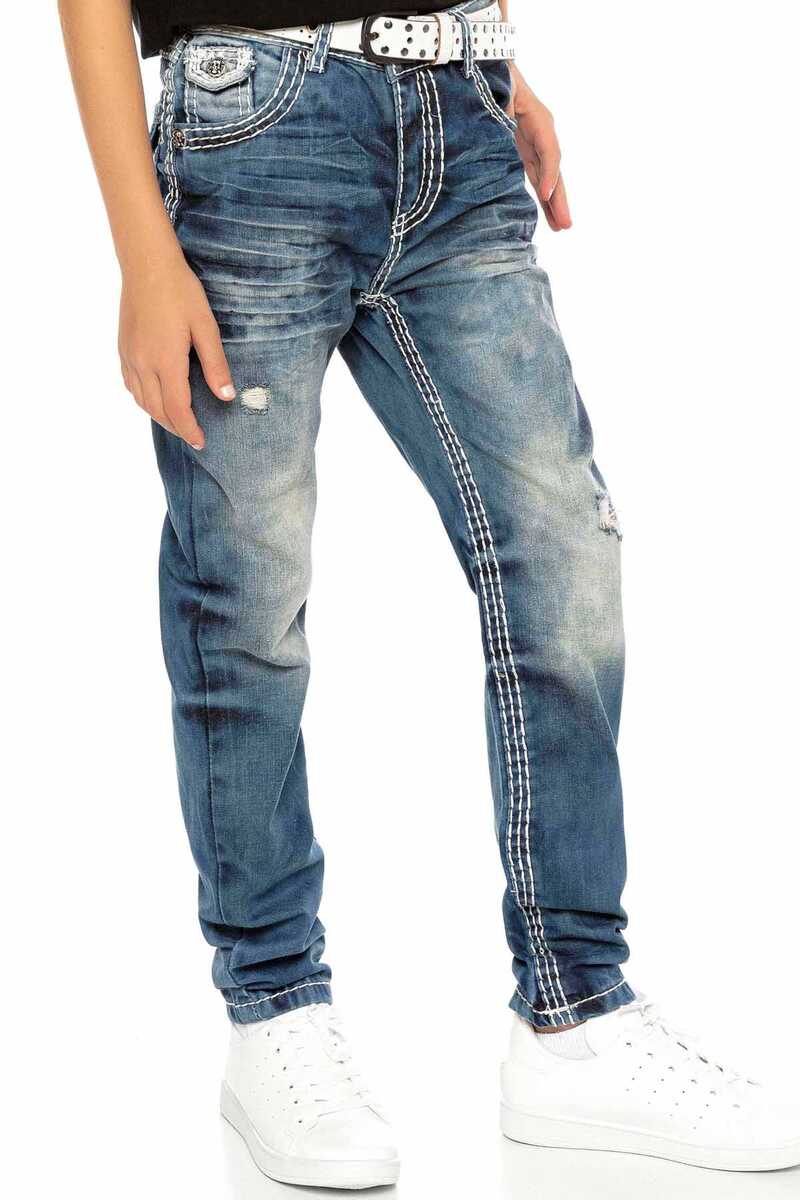 CDK108 Boys' Jeans – Regular Fit in Blue with Used Look & Contrast Stitching | Stylish Kids' Jeans with Ripped Details