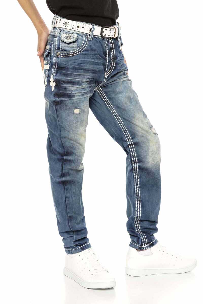 CDK108 Boys' Jeans – Regular Fit in Blue with Used Look & Contrast Stitching | Stylish Kids' Jeans with Ripped Details