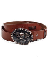 CG166 Men's leather belt with skull-shaped buckle and metal patch