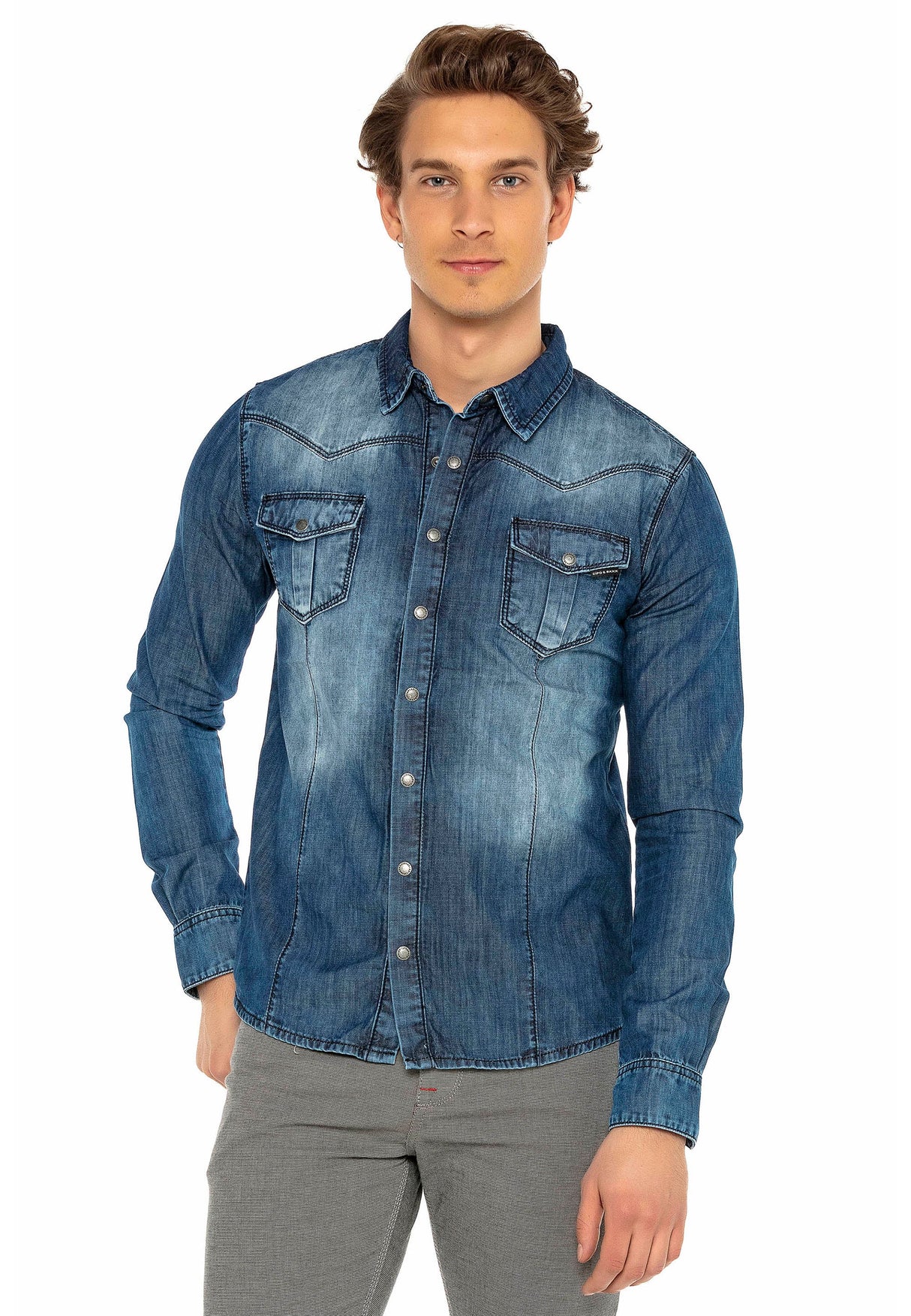 CH165 Men's denim shirt with practical snap buttons
