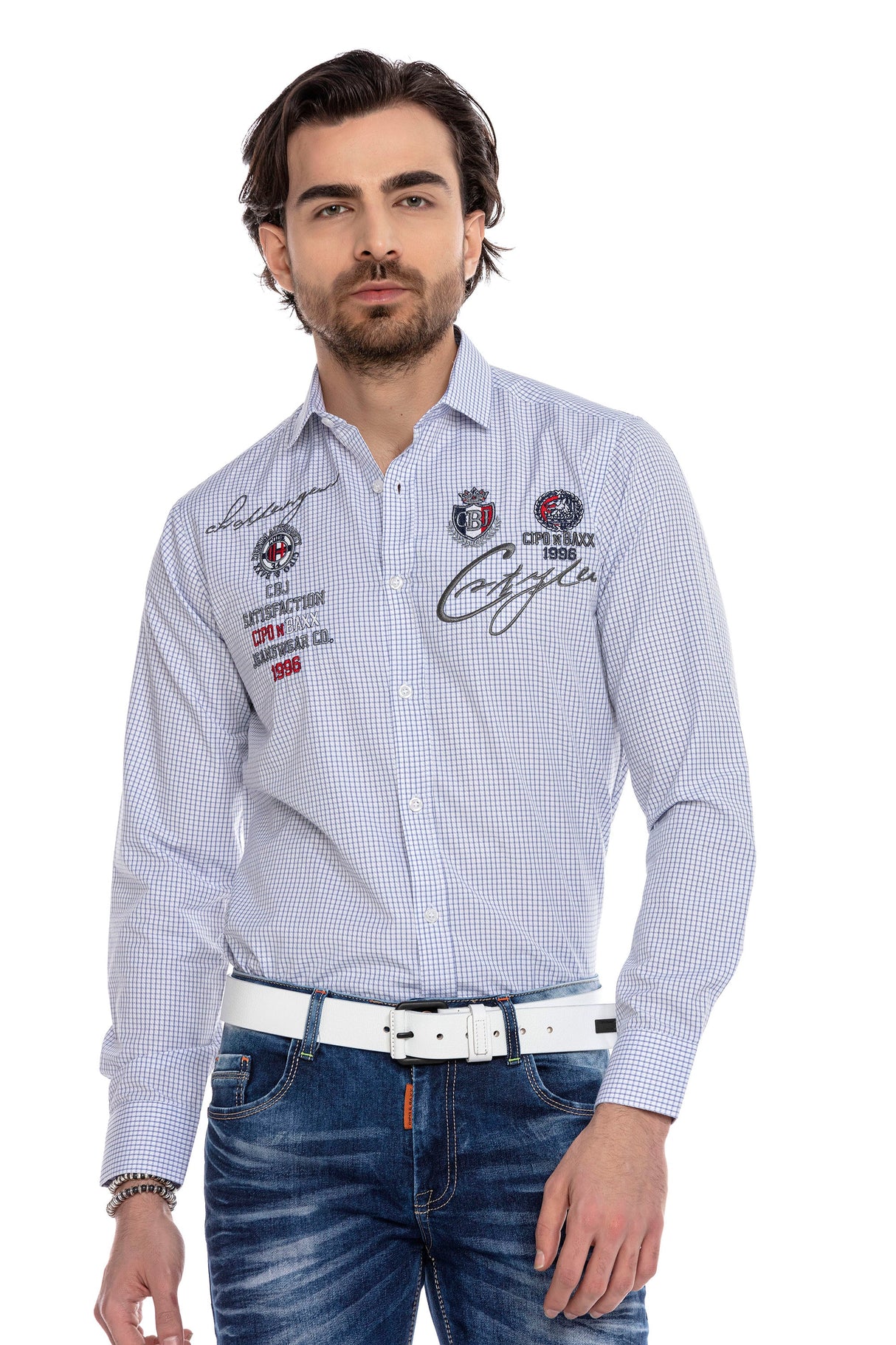 CH185 Men's long-sleeved shirt with trendy embroidery