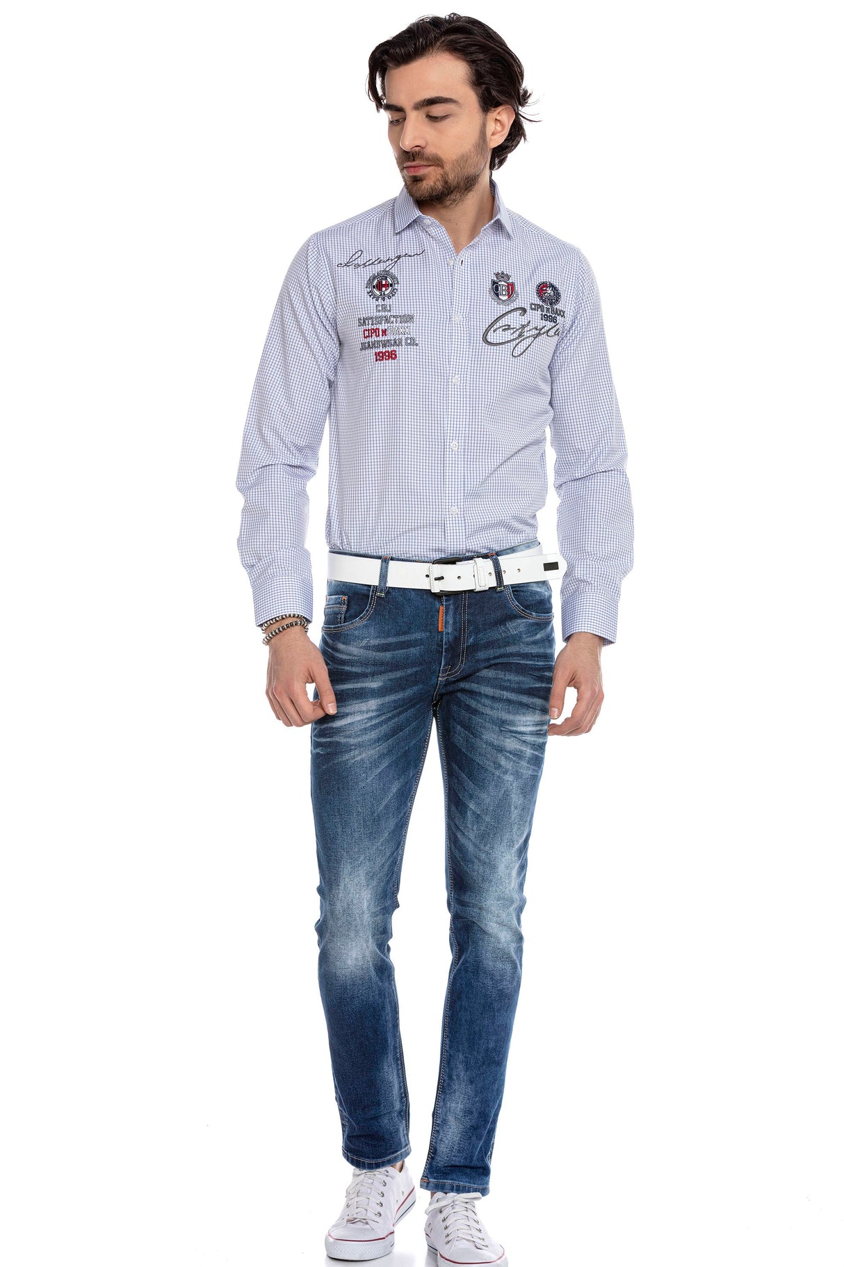 CH185 Men's long-sleeved shirt with trendy embroidery