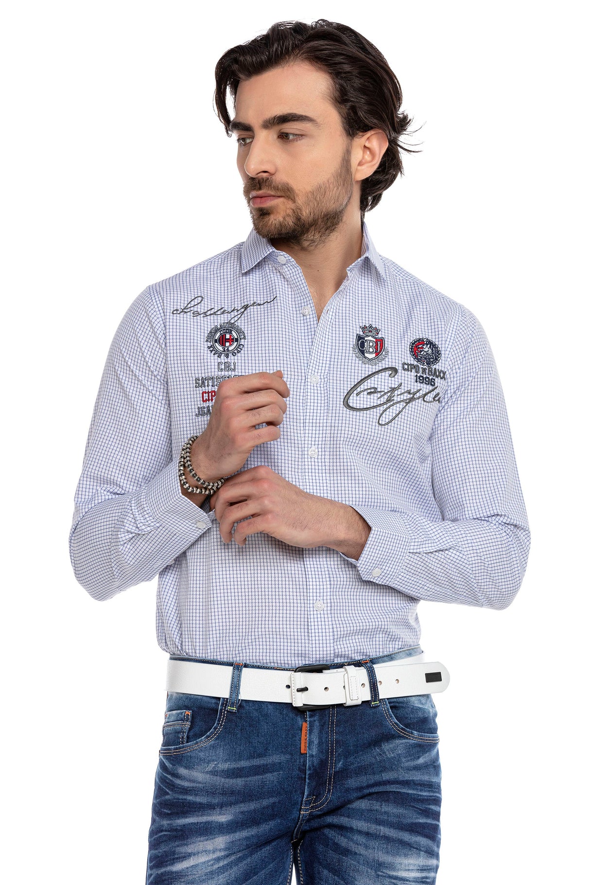 CH185 Men's long-sleeved shirt with trendy embroidery