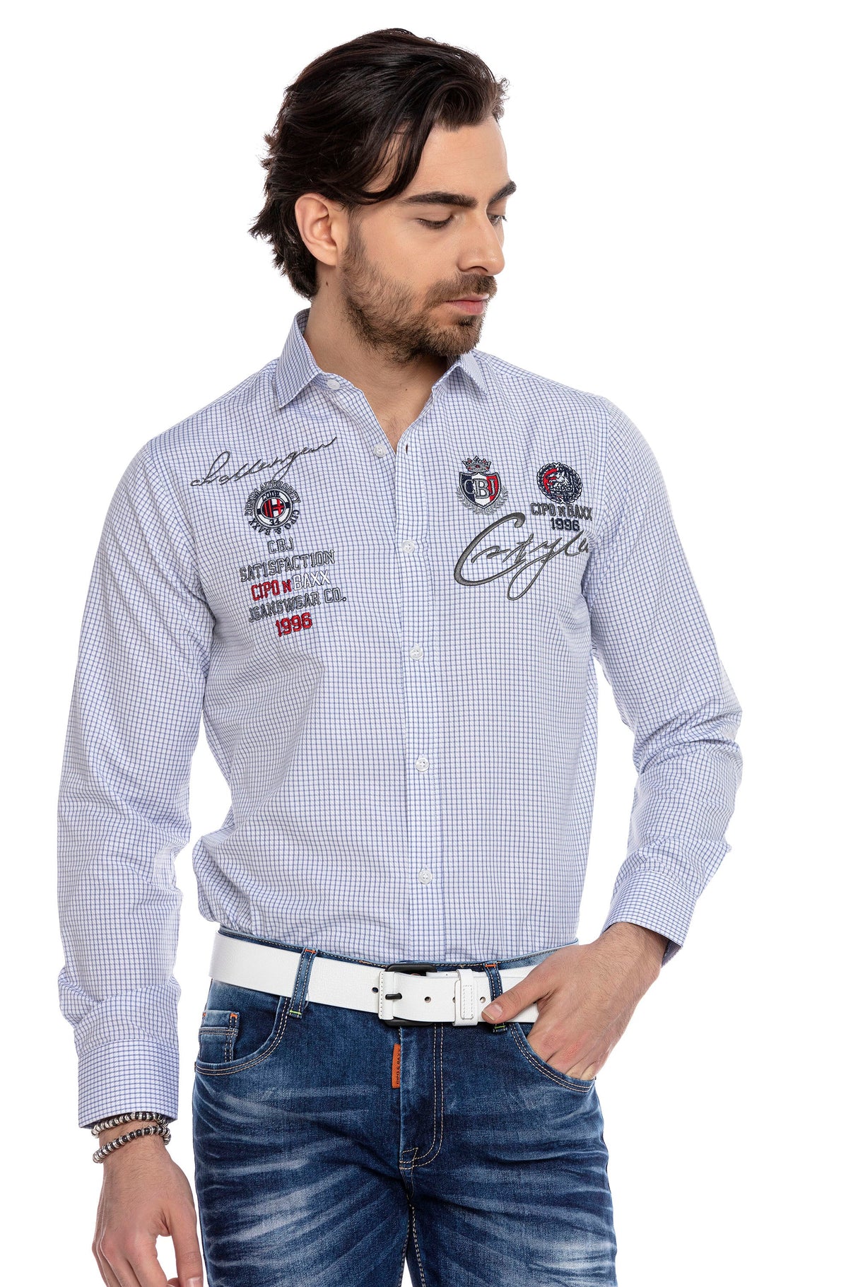 CH185 Men's long-sleeved shirt with trendy embroidery