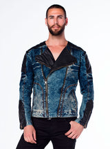 CJ135 Men's Denim Jacket – Transitional Jacket in Blue with Leather Look & Asymmetrical Zipper | Stylish Denim Jacket for Spring & Autumn