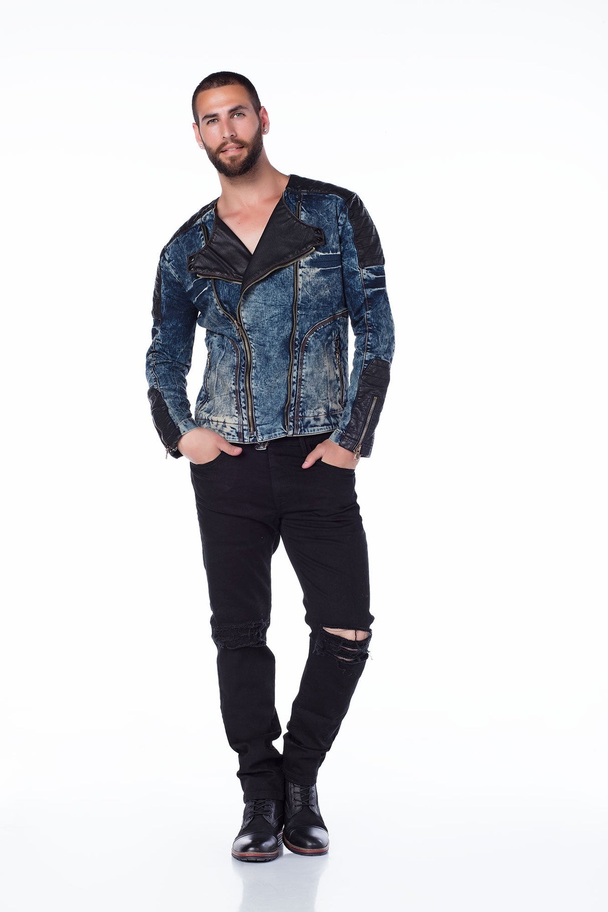 CJ135 Men's Denim Jacket – Transitional Jacket in Blue with Leather Look & Asymmetrical Zipper | Stylish Denim Jacket for Spring & Autumn