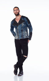 CJ135 Men's Denim Jacket – Transitional Jacket in Blue with Leather Look & Asymmetrical Zipper | Stylish Denim Jacket for Spring & Autumn