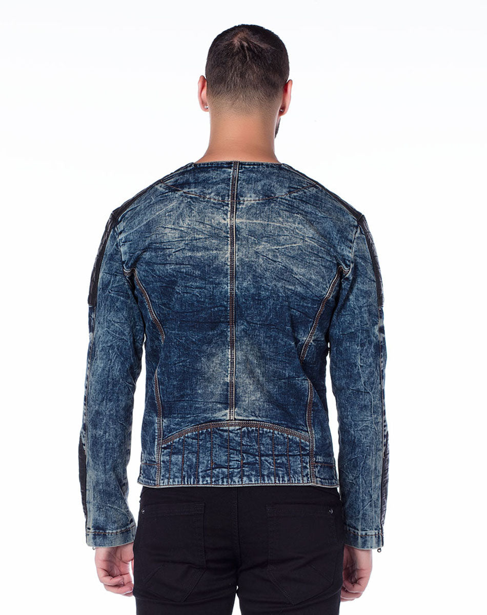 CJ135 Men's Denim Jacket – Transitional Jacket in Blue with Leather Look & Asymmetrical Zipper | Stylish Denim Jacket for Spring & Autumn