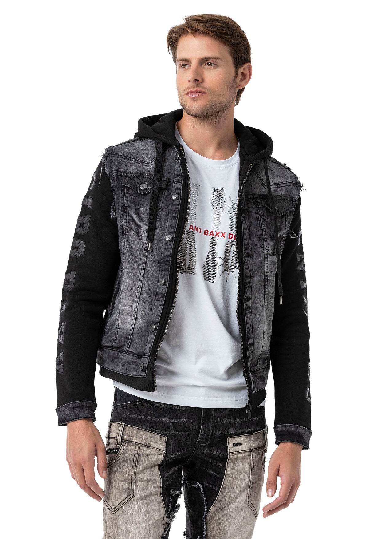 CJ155 Denim jacket, hooded sweatshirt in a western look