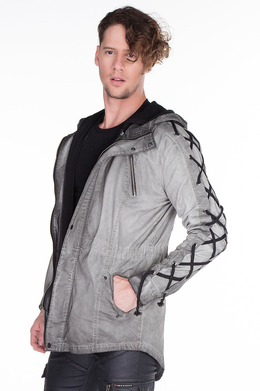 CJ183 Men's Winter Jacket – Urban Denim Look with Lace-Up Details & Hood