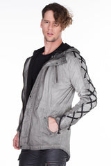 CJ183 Men's Winter Jacket – Urban Denim Look with Lace-Up Details & Hood