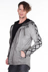CJ183 Men's Winter Jacket – Urban Denim Look with Lace-Up Details & Hood