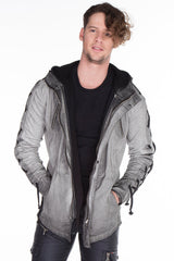 CJ183 Men's Winter Jacket – Urban Denim Look with Lace-Up Details & Hood
