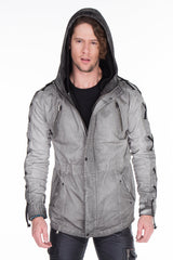 CJ183 Men's Winter Jacket – Urban Denim Look with Lace-Up Details & Hood