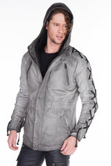 CJ183 Men's Winter Jacket – Urban Denim Look with Lace-Up Details & Hood
