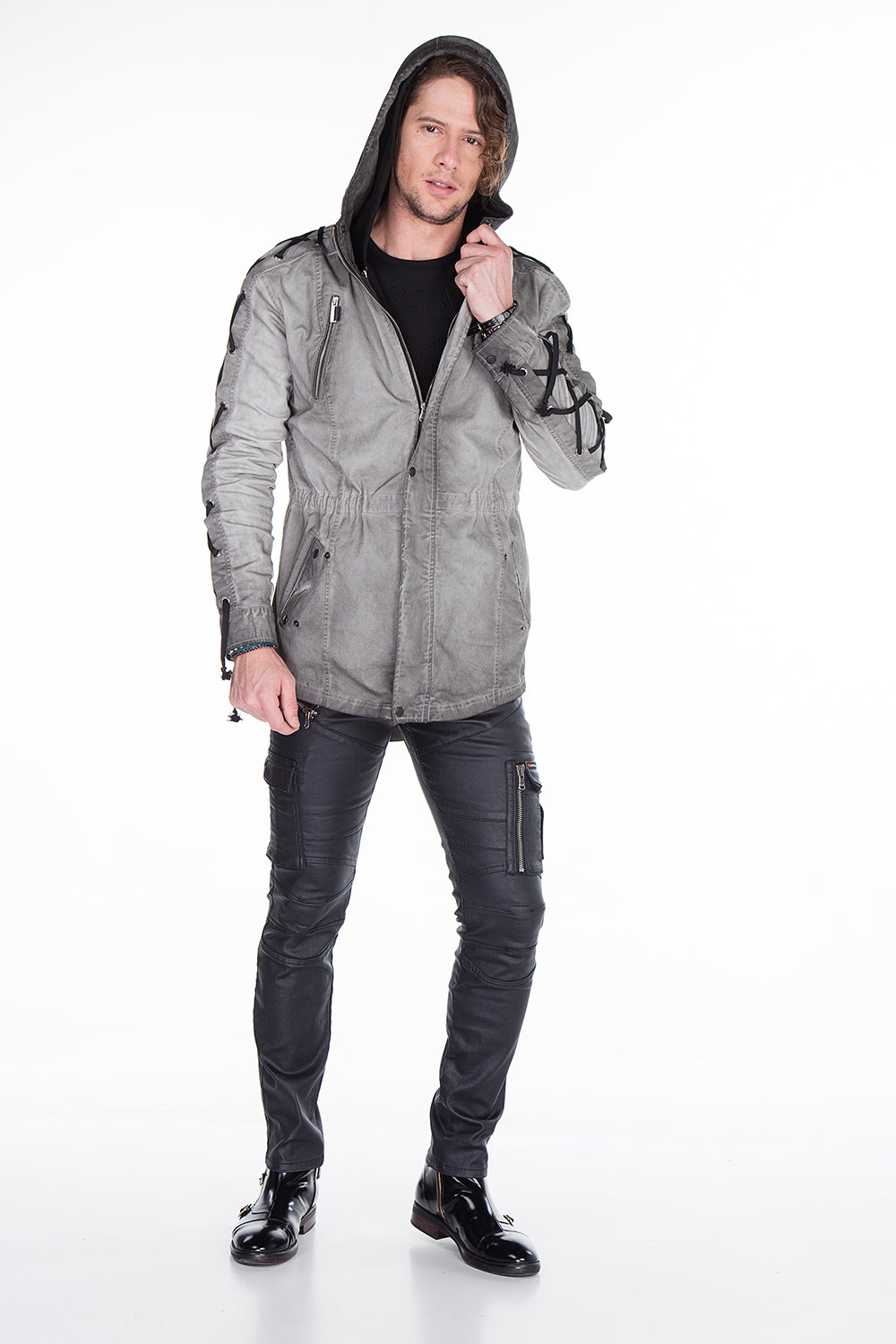 CJ183 Men's Winter Jacket – Urban Denim Look with Lace-Up Details & Hood