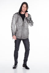 CJ183 Men's Winter Jacket – Urban Denim Look with Lace-Up Details & Hood
