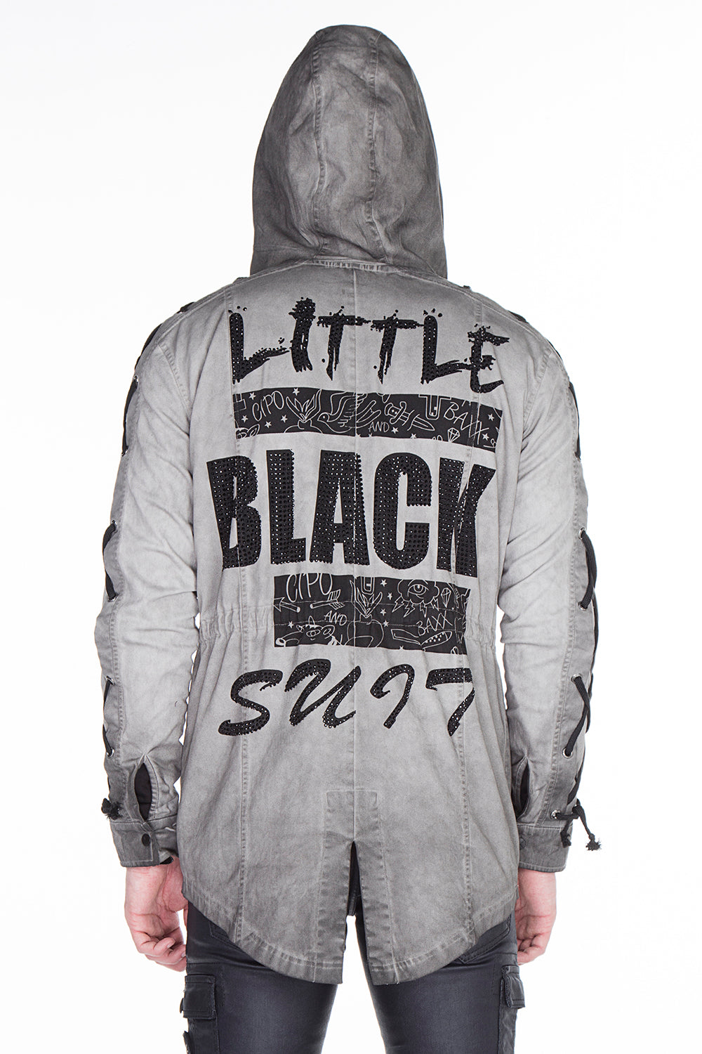 CJ183 Men's Winter Jacket – Urban Denim Look with Lace-Up Details & Hood