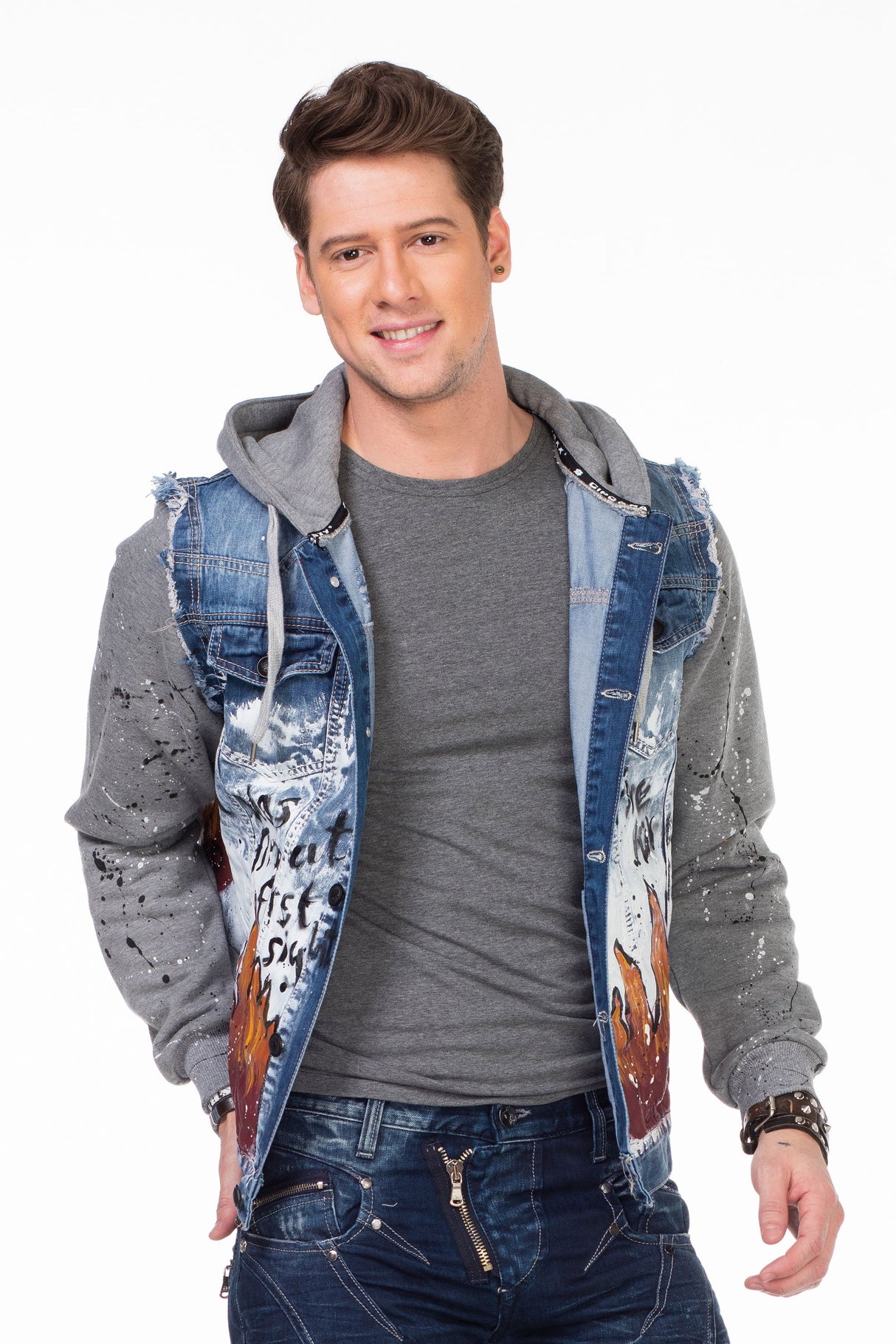 CJ209 Men's Transitional Jacket – Blue Streetwear Jacket with Print & Hoodie Elements | Extravagant Design for Spring & Autumn