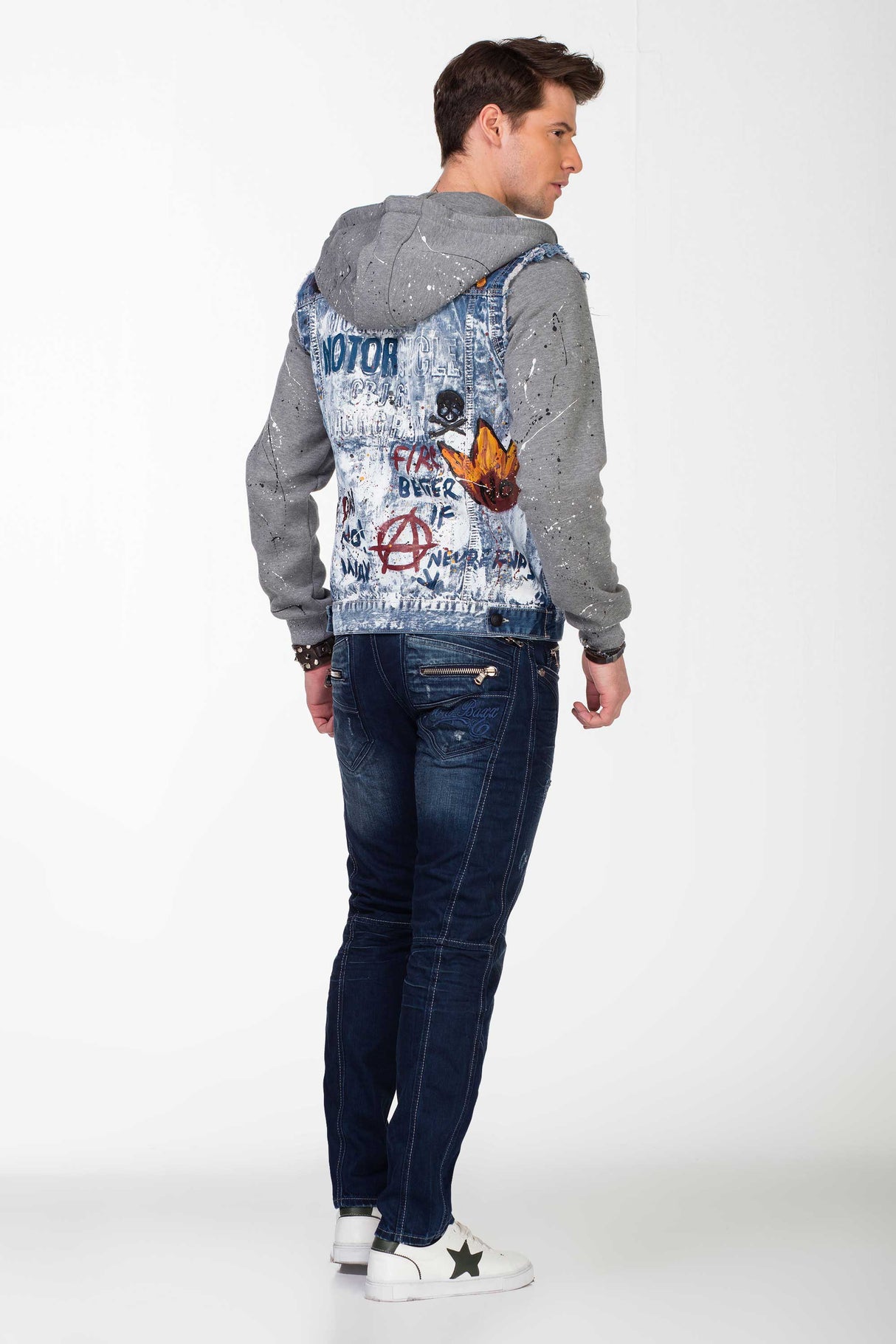 CJ209 Men's Transitional Jacket – Blue Streetwear Jacket with Print & Hoodie Elements | Extravagant Design for Spring & Autumn