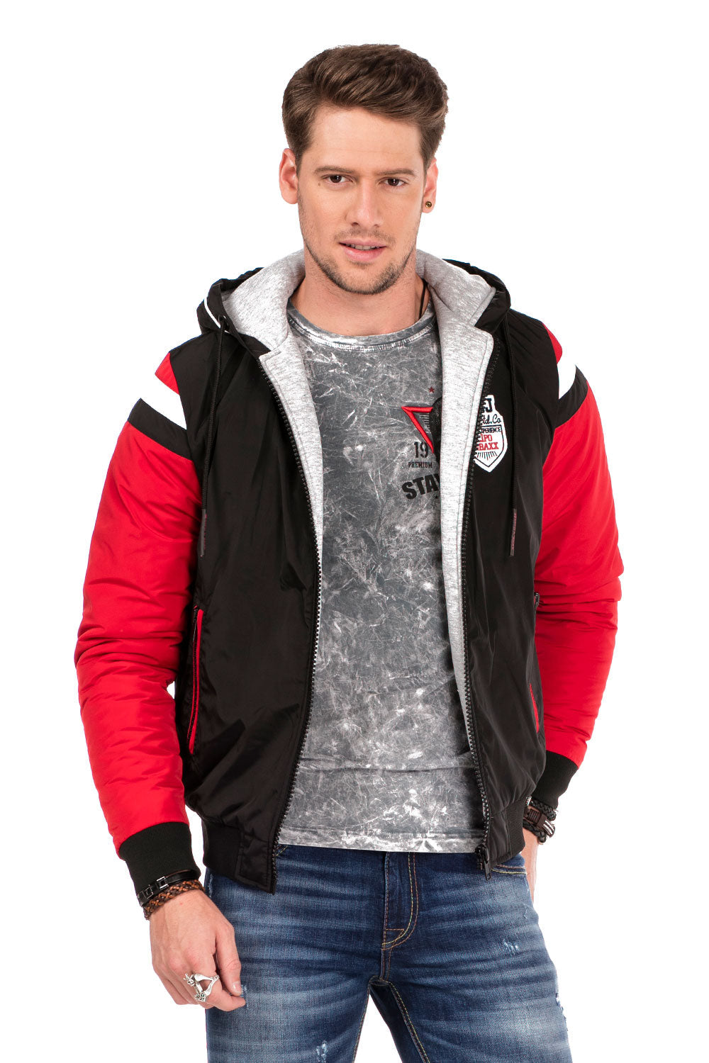 CJ230 Men's Denim Jacket – Hybrid Denim Hoodie with Eye-Catching Embroidery & Streetwear Design | Stylish Transitional Jacket with Hood & Patches