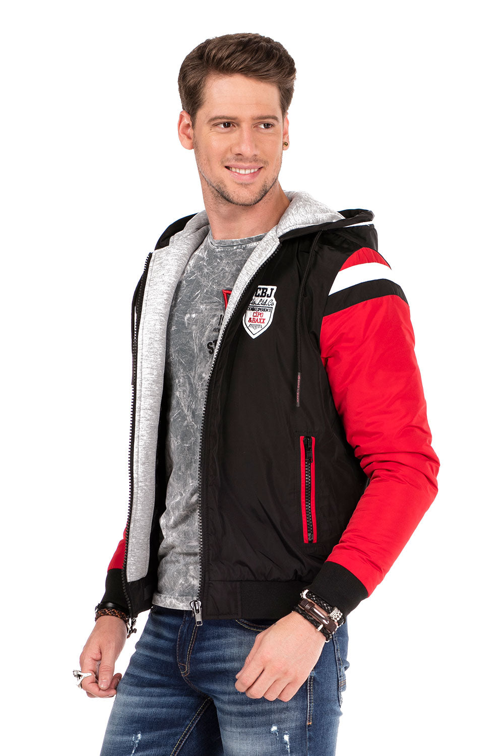 CJ230 Men's Denim Jacket – Hybrid Denim Hoodie with Eye-Catching Embroidery & Streetwear Design | Stylish Transitional Jacket with Hood & Patches