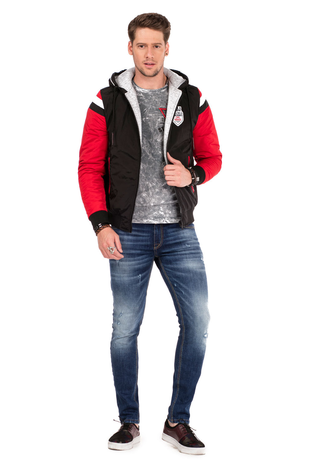 CJ230 Men's Denim Jacket – Hybrid Denim Hoodie with Eye-Catching Embroidery & Streetwear Design | Stylish Transitional Jacket with Hood & Patches