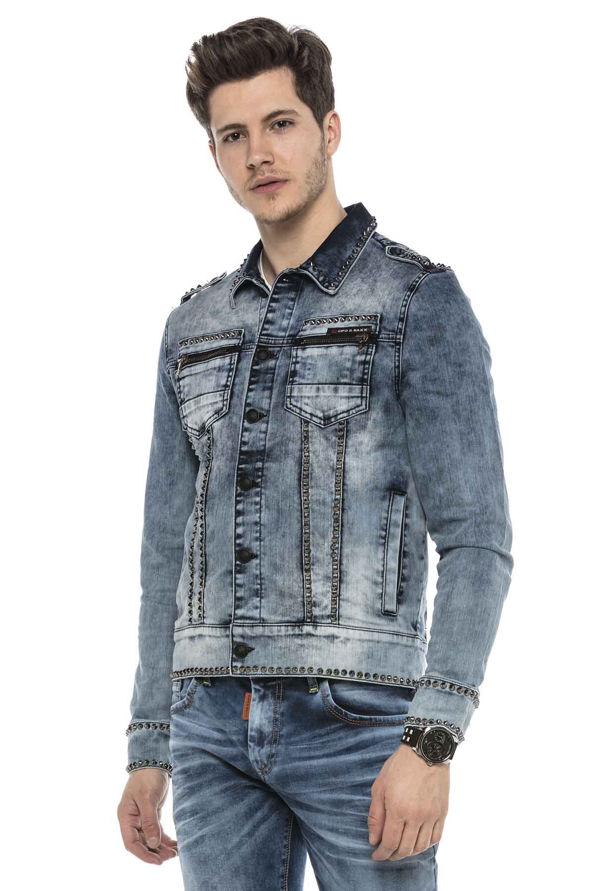 CJ250 Men's Denim Jacket – Blue Transitional Jacket with Contrast Stitching & Button Placket | Stylish Casual Jacket with a Distressed Look