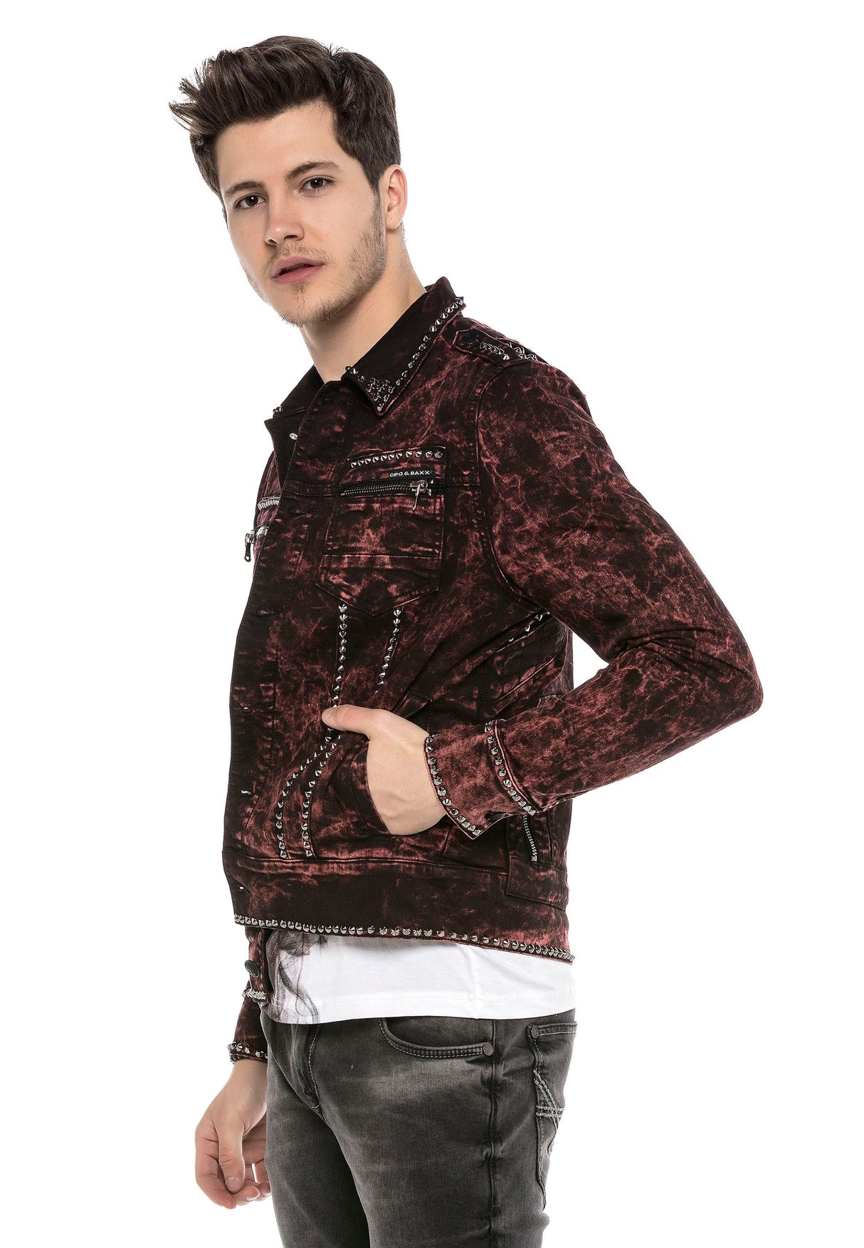 CJ251 Men's Jacket – Transitional jacket in Bordeaux with studs & zippers | Stylish streetwear with a striking pattern
