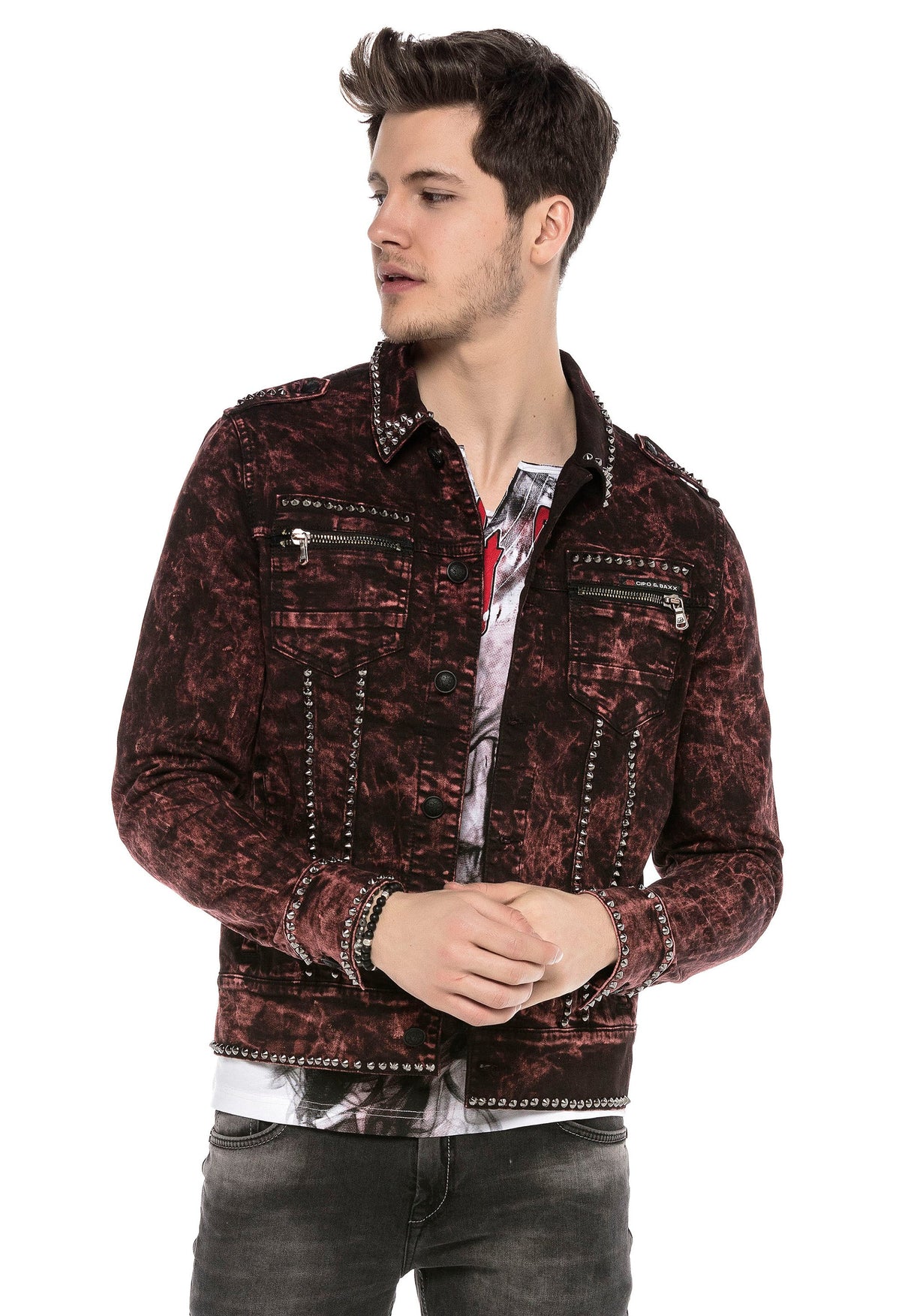 CJ251 Men's Jacket – Transitional jacket in Bordeaux with studs & zippers | Stylish streetwear with a striking pattern