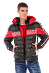 CJ269 Men's Winter Jacket – Black Quilted Jacket with Hood & Red and White Logo Print
