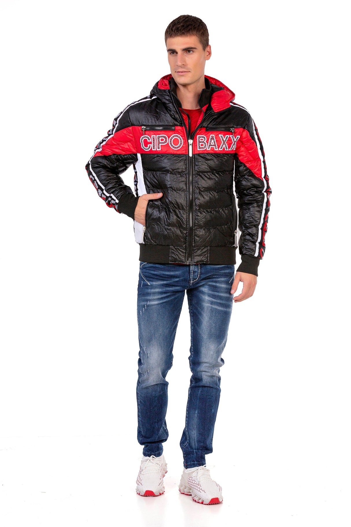 CJ269 Men's Winter Jacket – Black Quilted Jacket with Hood & Red and White Logo Print