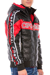 CJ269 Men's Winter Jacket – Black Quilted Jacket with Hood & Red and White Logo Print